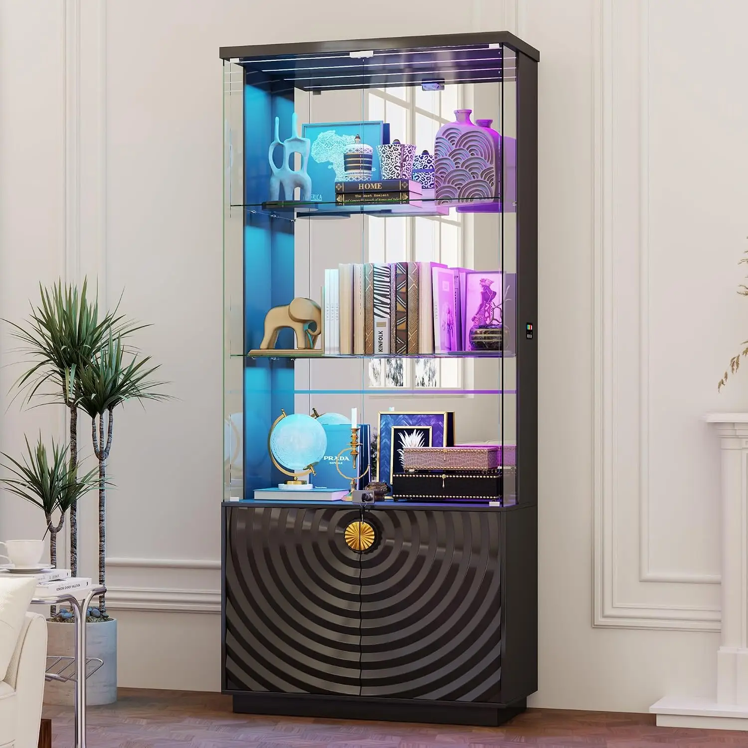71'' Display Cabinet with Glass Doors,4-Tier Curio Black Cabinet with 3-Color Lights for Collectibles,Lockable Glass Display Cas
