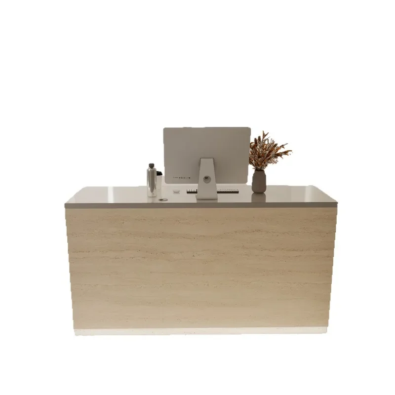 Modern Stainless Steel Reception Desk with Travertine Top Luxury Front Counter for Beauty Salon Bar Clothing Store