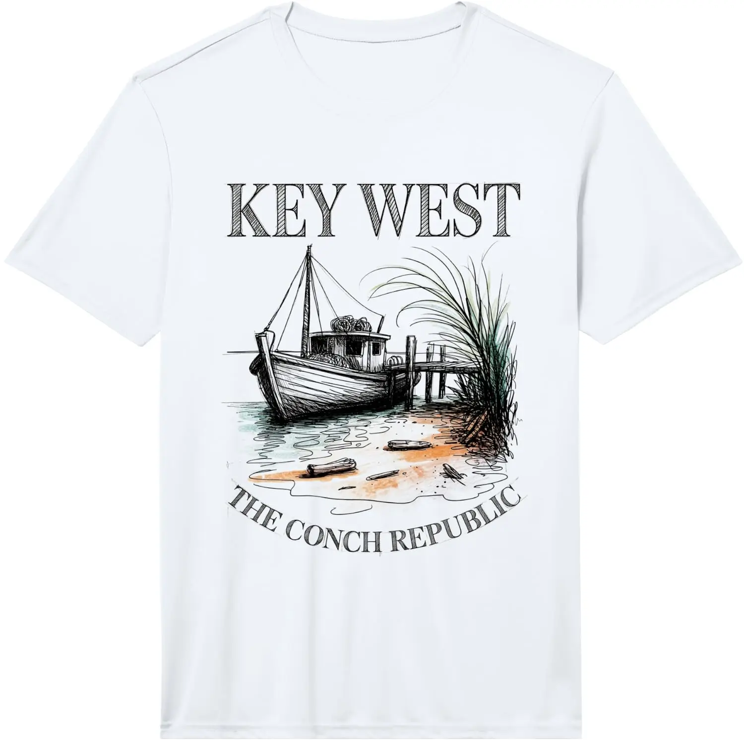 Mens Key West Florida Keys Boat Fishing Vacation Performance T-Shirt 100% Cotton Trendy Y2K Short-Sleeve Tee-Soft, Quick-Drying,
