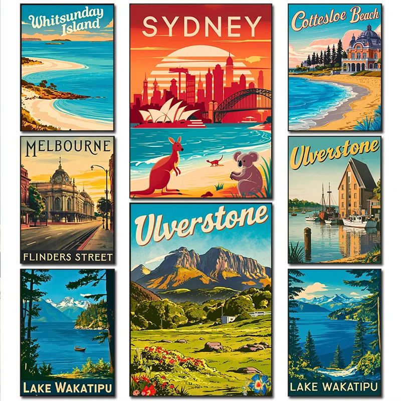 Окея Улуру Мельбурн Пейзаж Ретро Животный мир Пляж Горы Путешествия Плакат Холст Картины Настенные Художественные Фотографии Домашний Декор