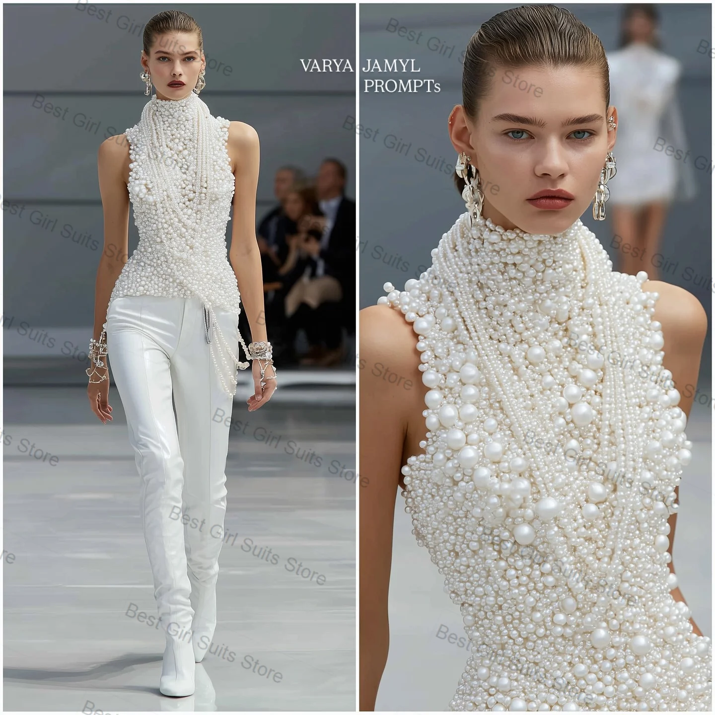 

Luxury Pearls Women Suit 2 Pcs White Top Vest+Trousers Pants Formal Office Lady Jacket Customized Wedding Tuxedos Prom Coat