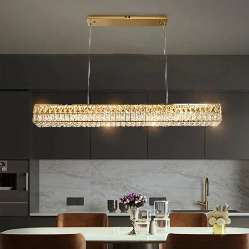 Luxury Led Chandelier For Dining Room Modern Home Decor Rectangle Gold Crystal Light Kitchen Island Cristal Hanging Lamp