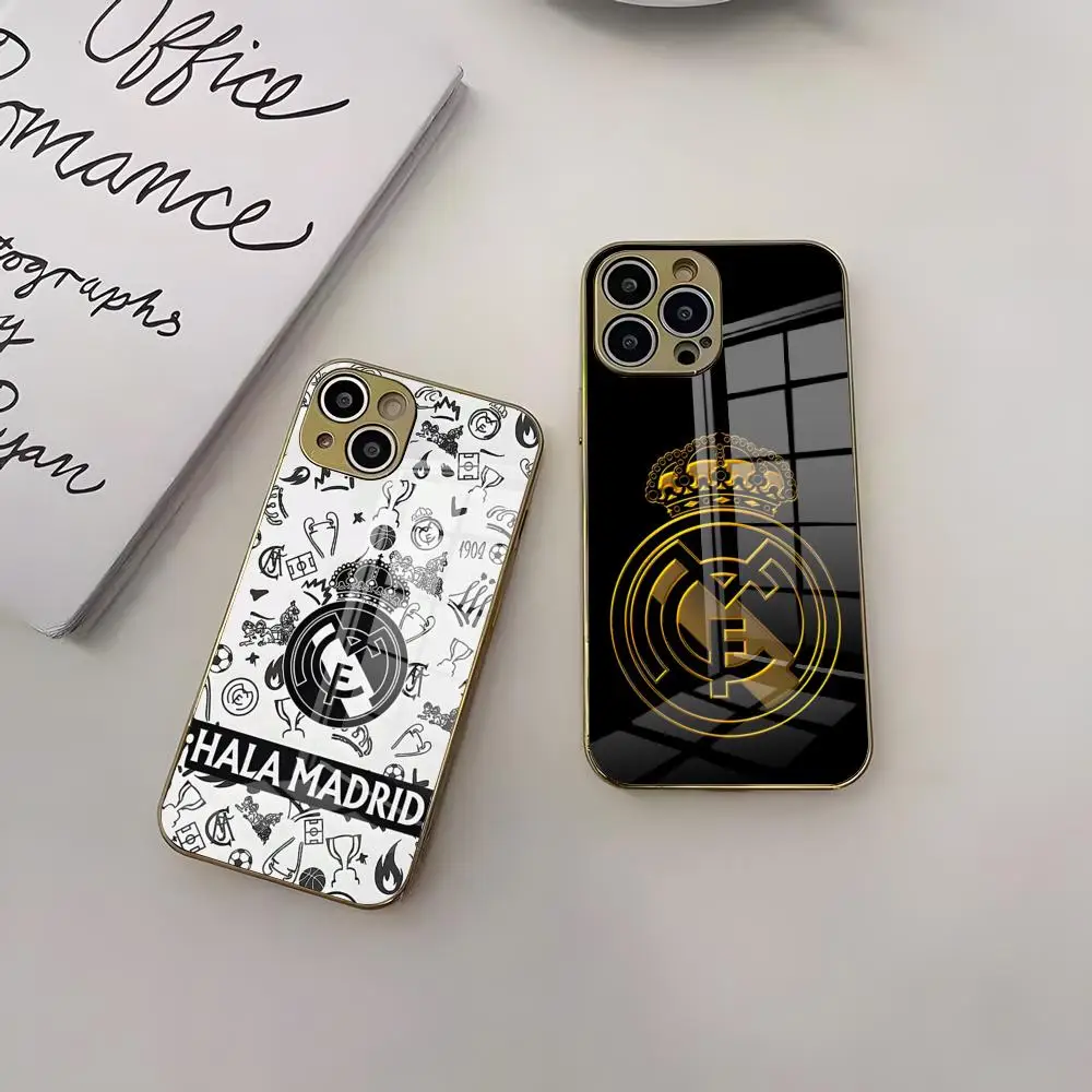 Funda de Teléfono de Lujo con el Logotipo del Famoso Club de Fútbol M-madrid, Funda Dorada para iPhone 16 15 14 Plus 13 11 12 Pro Max con Recubrimiento Electrolítico