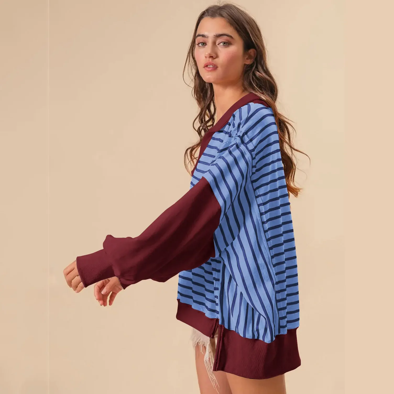 Pullover Streep Kleurblok Losvallend Oversized sweatshirt met kraag en verlaagde schouder Damesjack met lange mouwen Los sweatshirt