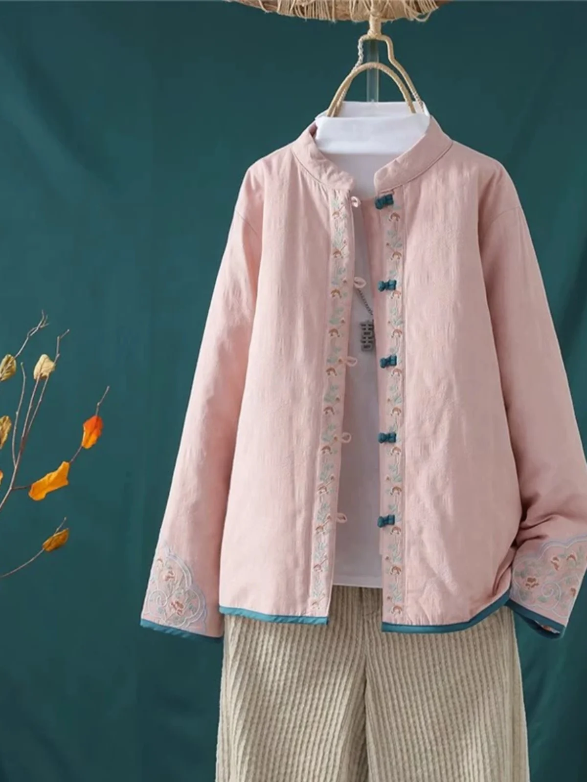 

Retro Embroidered Cotton Jacket Women's Winter Clothes Cotton Liner Tunic Coat Button up Loose Fit Long Sleeve Stand Collar