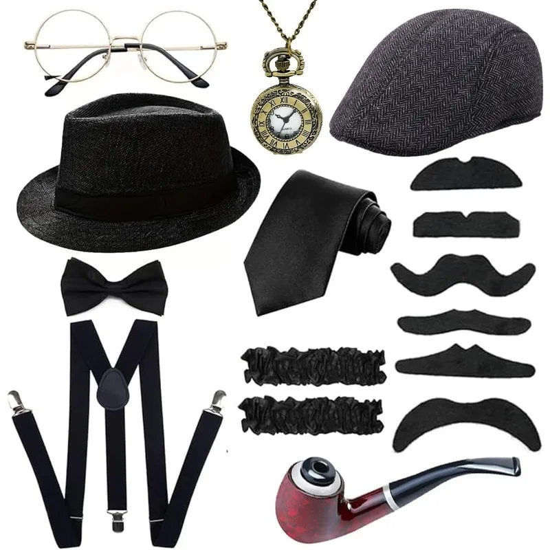 Conjunto de accesorios de disfraz para hombre de los años 20, estilo gangster, para fiesta de Gatsby, años 30, boina con tirantes en Y, reloj de bolsillo