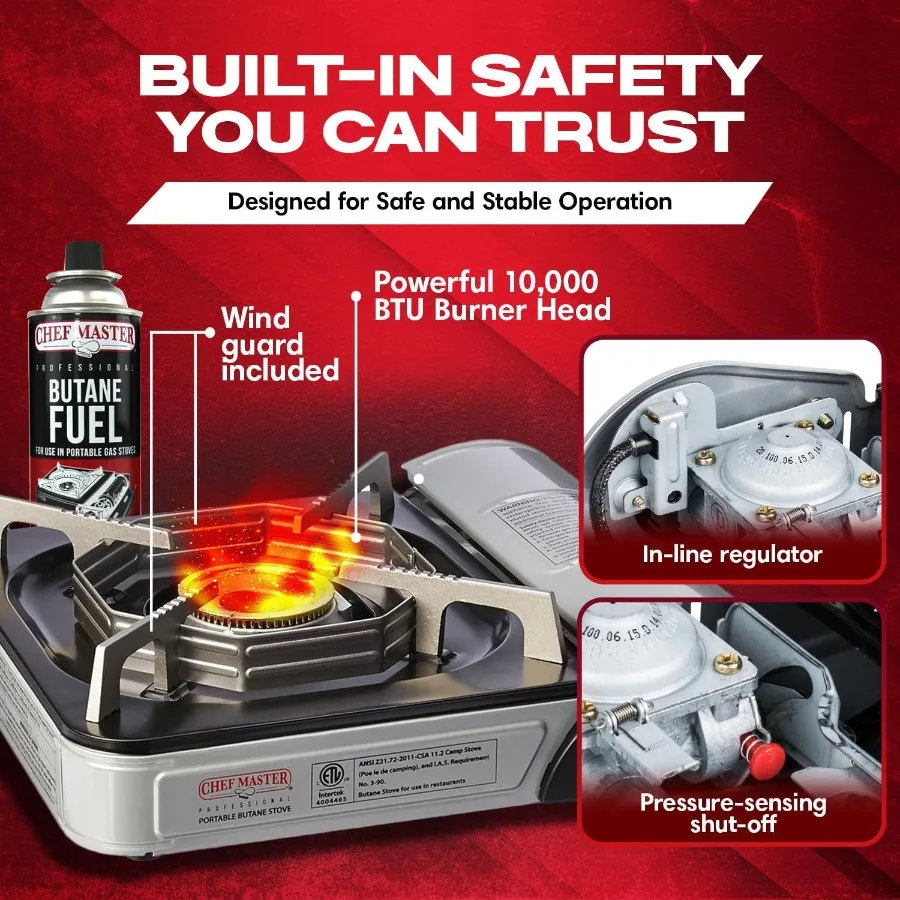 Chef-Master 90011 Stufa da appoggio butano 10 000 BTU portatile con custodia per il trasporto Bruciatore in ottone con accensione piezoelettrica ad alte prestazioni