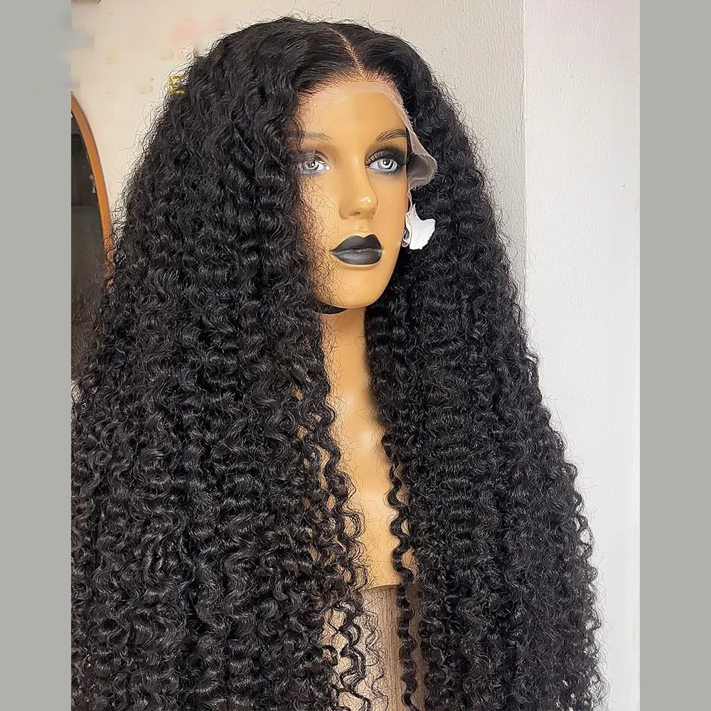 Peluca con malla frontal para mujer, pelo negro Natural, rizado, suave, largo, 26 pulgadas, 180 de densidad, con pelo de bebé, prearrancado, sin pegamento, para uso diario