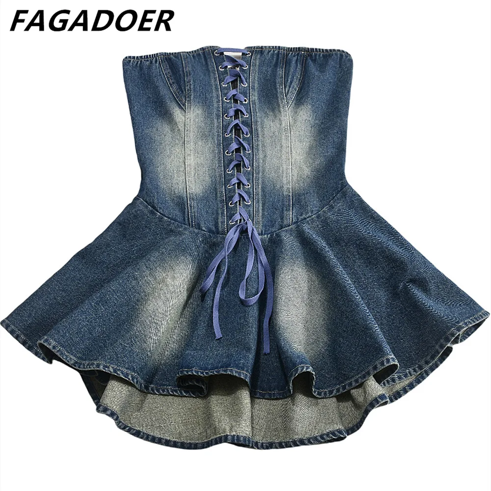 FAGADOER Blue Retro Fashion Y2K Lace Up Hollow Tube Denim Dress Women Sleeveless Backless Ruffle Mini Dress Fashion Streetwear