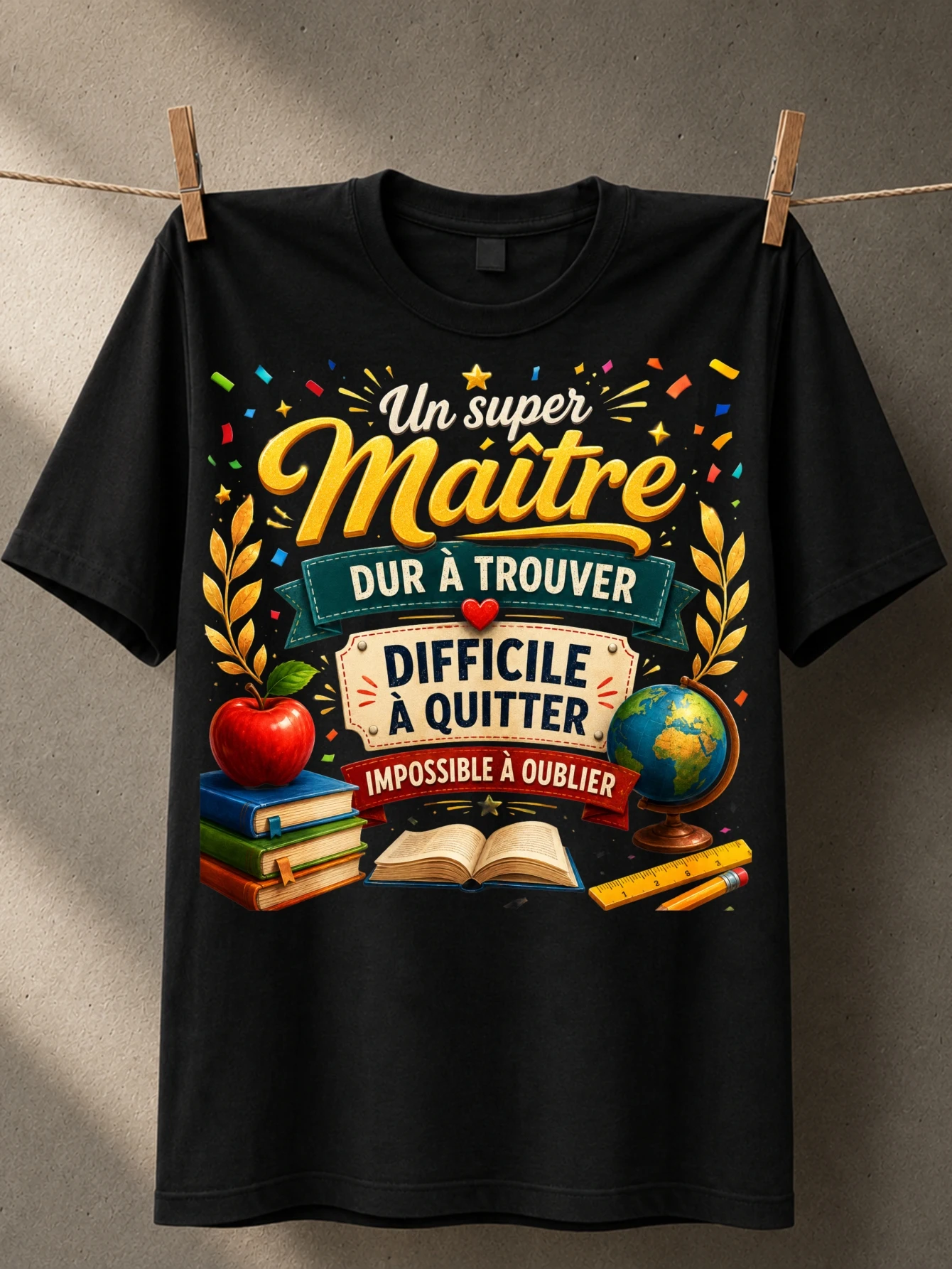 Un super Maitre bright teacher apple globe open book ruler confetti French classroom gratitude  Unisex All T-Shirt