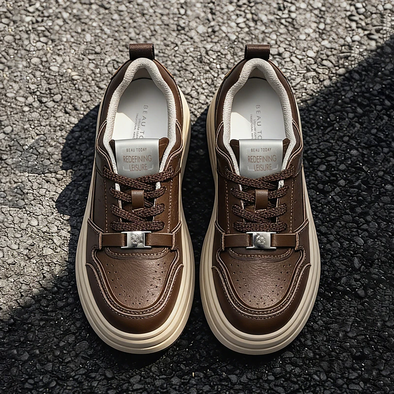 BEAUTODAY Platform Sneakers Women Split Leather Solid Color Metal Decoration Trainers Lace-up Ladies Shoes Handmade 29791