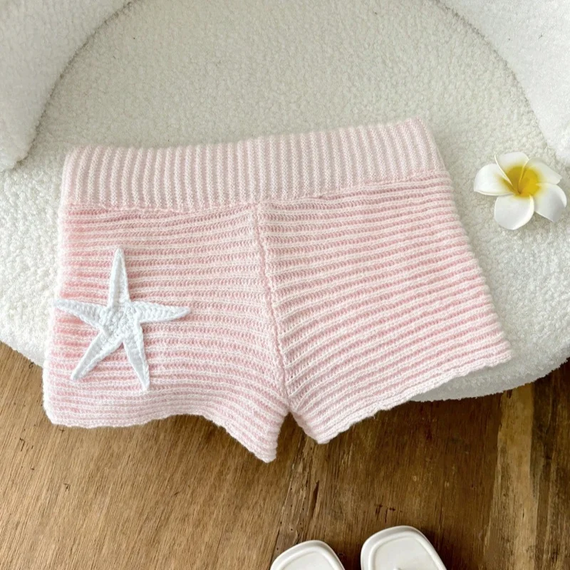Süße Damen-Shorts mit niedrigem Bund, gestrickt, Seestern-Patchwork, Häkel-Shorts, Y2k-Micro-Shorts, dünne Lounge-Strick-Mini-Shorts mit niedriger Taille