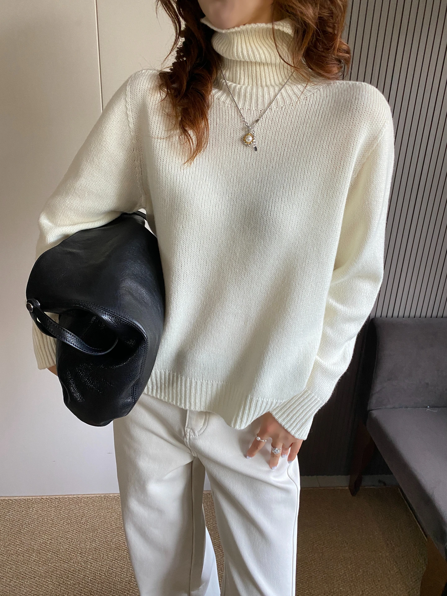 

Loose Women's High Collar Knitted Sweater Soft Cozy Overhead Long Sve Base irt Top for Autumn Winter Casual Wear