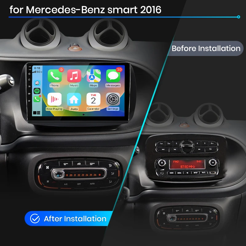 Radio para coche Junsun con Android Auto para Mercedes Benz Smart 453 Fortwo 2014 2015 2016-2020, sistema multimedia inalámbrico Apple CarPlay, sistemas inteligentes, pantalla táctil IPS, reproductor de vídeo estéreo, 2 Din, autorradio, unidad principal, navegación, BT, GPS, 4G, WIFI, FM, AM, DSP, RDS, SWC 2