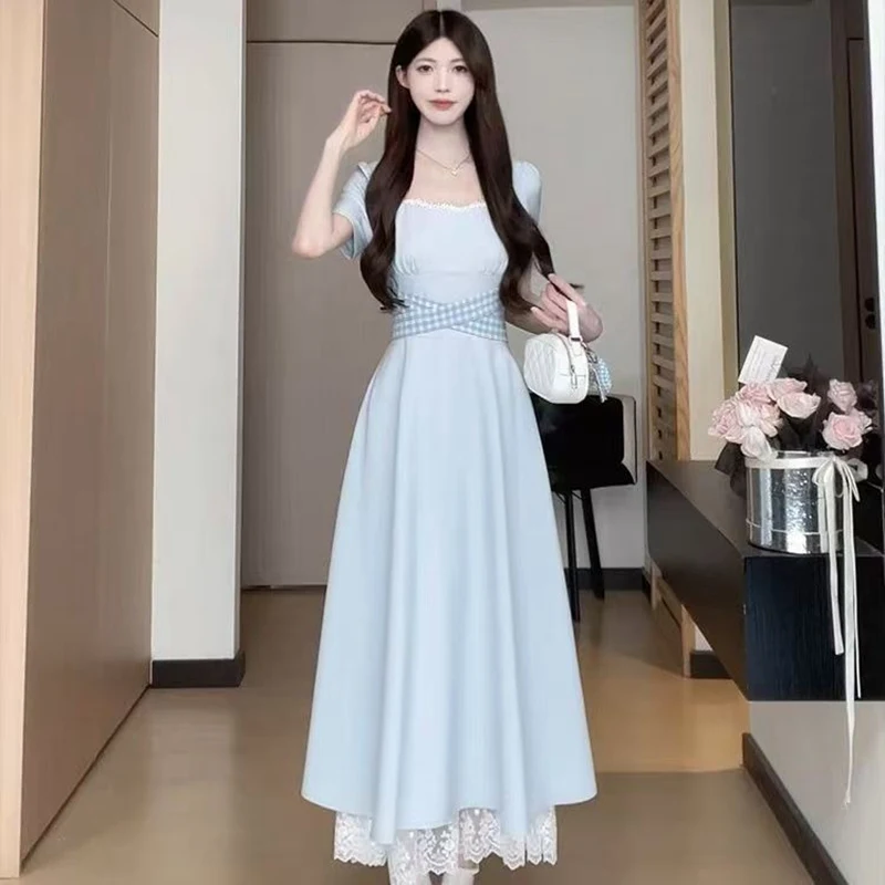 

Летнее платье 2026 с коротким рукавом, пэчворк, кружево, для женщин, корейская мода, милое, приталенное, стройнящее, элегантное, длинное платье