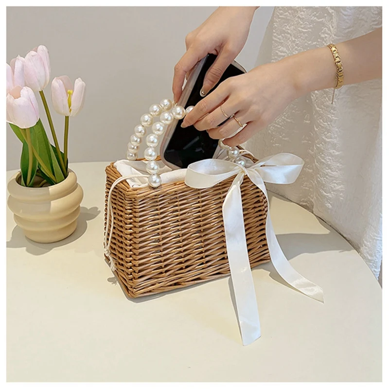 Fresh And Fashionable Pearl Handbag, Beach Holiday Style Beach Straw Basket