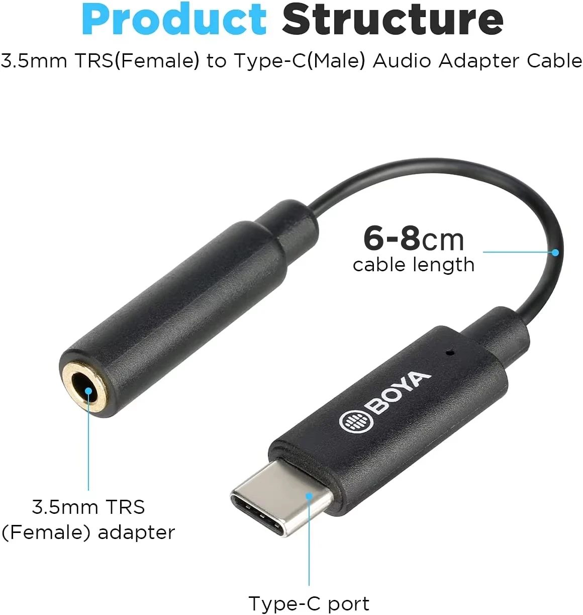 BOYA BY-K4 6cm 3,5mm TRS hembra a tipo C macho micrófono Cable adaptador de Audio para Android teléfono móvil PC ordenador dispositivos USB-C