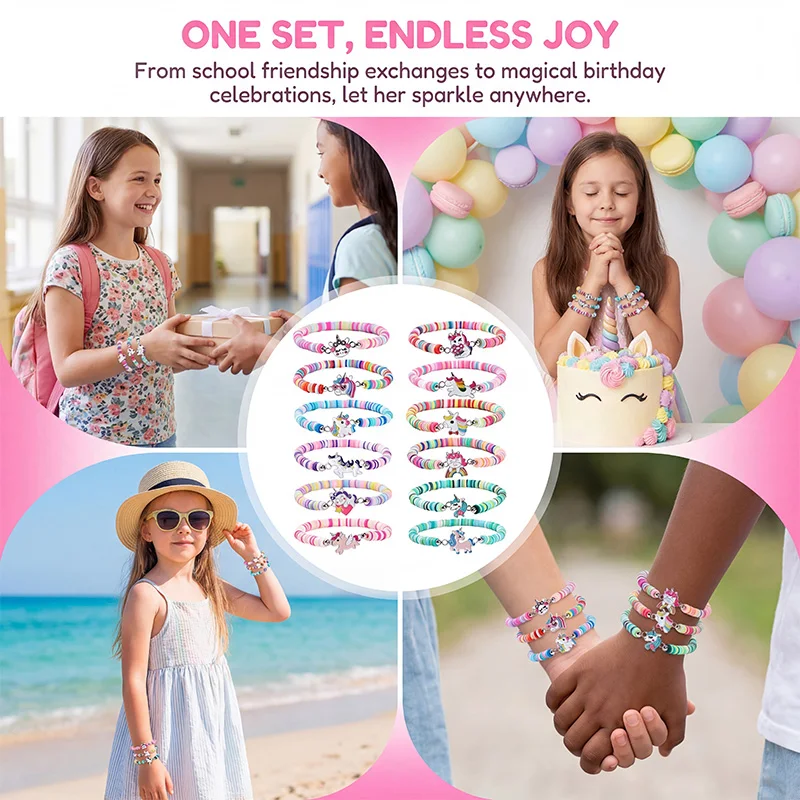 12Pcs Colorful Rainbow Unicorn Clay Bead Bracelets Unicorn Charms Cute Jewelry Birthday Gift Party DIY Favors Goodies Bag Filler