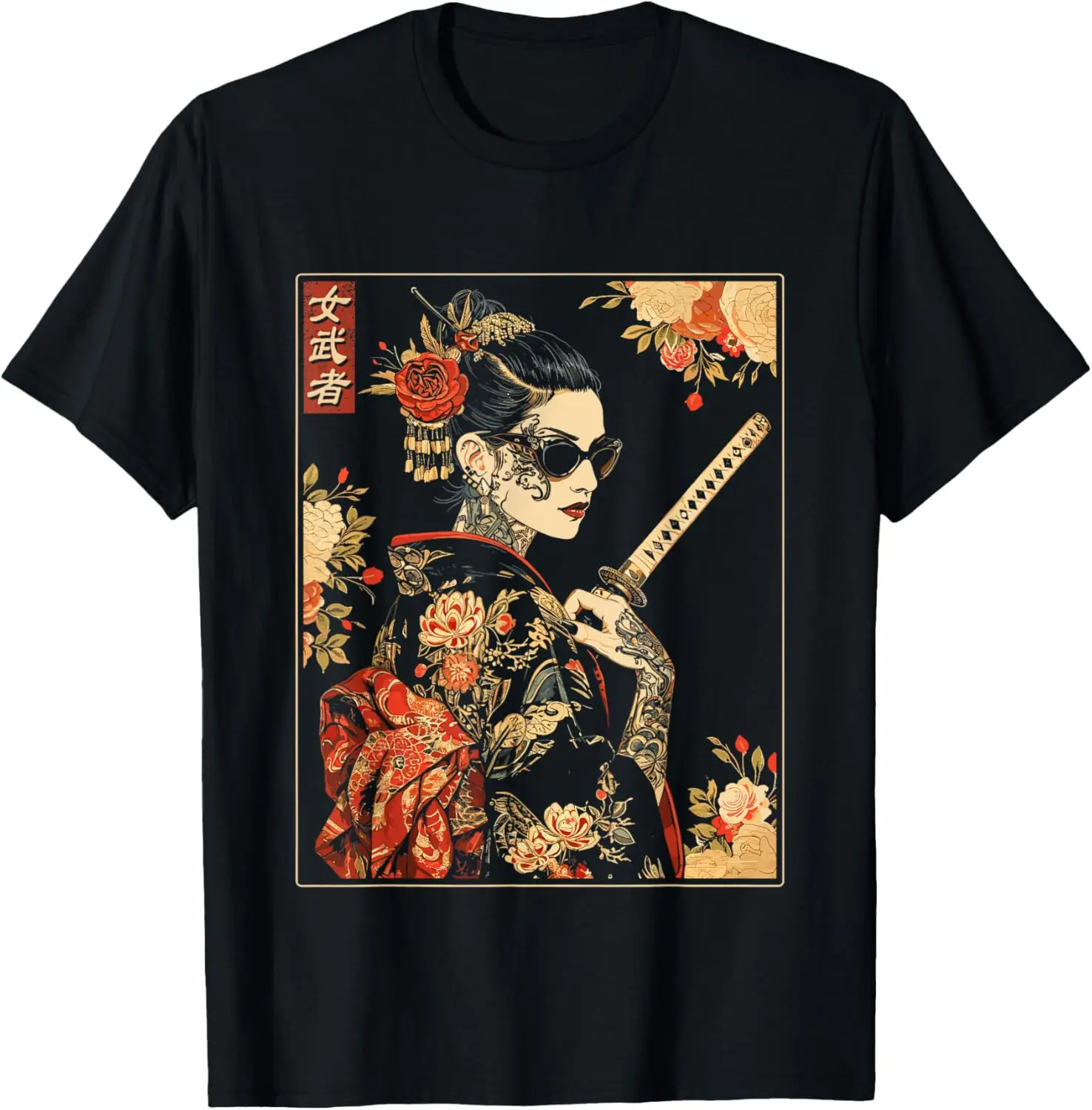 Mulher de arte samurai gótica japonesa com espada Katana camiseta