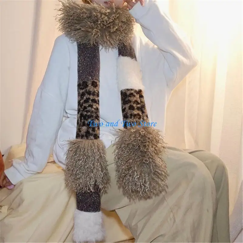 HX6F Sciarpa lavorata a maglia per donna Sciarpa collo con stampa leopardata Sciarpa per ragazze Puntelli per foto Fazzoletto