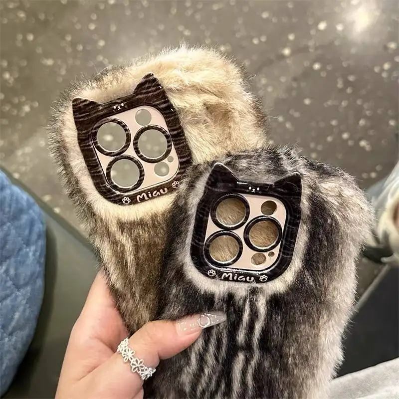 Luxury Gradient Brown Black Plush Fur Cat Lens Phone Case for iPhone 16 Pro Max 13 14 15 Promax 12 11 16Plus Winter Women Cover