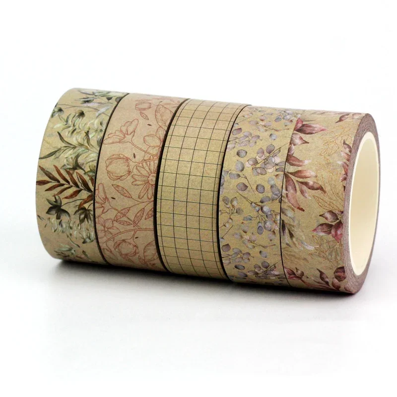 NEW 1PC 10M Decor Vintage Grid Kraft Brown Leaves Washi Tape Set for Diary Gift Wrapping Masking Tape Cute Stationery Supplies