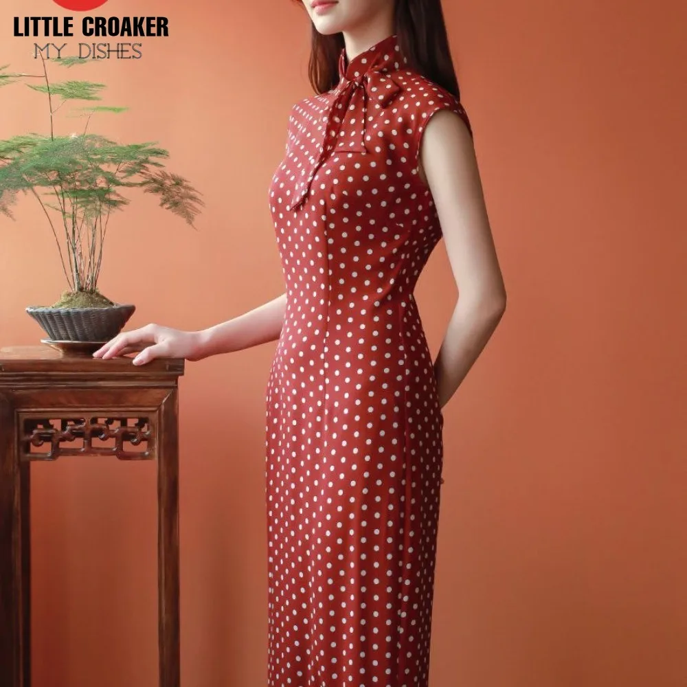 

Elder Women Polo Chiffon Qi Pao Dress 2023 New Chinese Summer Elegant Style Polka Dot Cheongsam Modern Qipao Dress