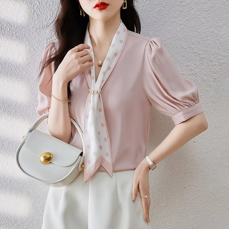 Short Sleeved Blouse Chiffon Women's Shirts Summer New Print Bow Collar Satin Ladies Tops Korean Fashion Luxury Women's Clothing