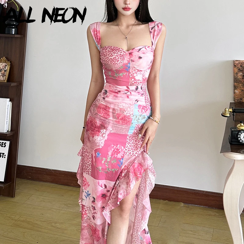 

ALLNeon Fairycore Pink Print Sleeveless Dress Women Fashion Ruffles Hem Split Straps Dresses Y2K Sweet Beachwear Slim Party Gown