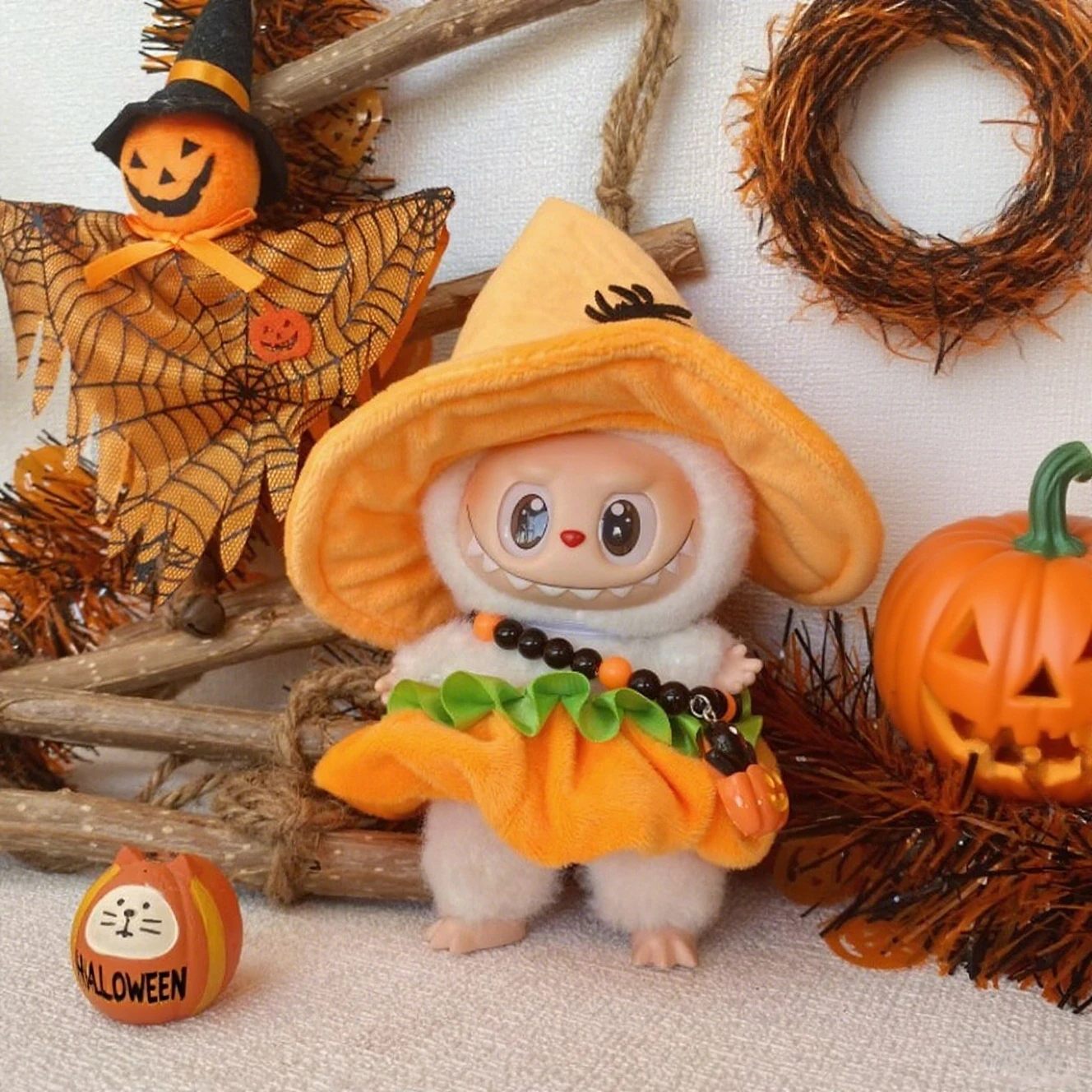 

Cute Labubu Halloween Outfit Set Witchy Hat & Pumpkin Dress For 1st - 3rd Gen 15/17cm Dolls