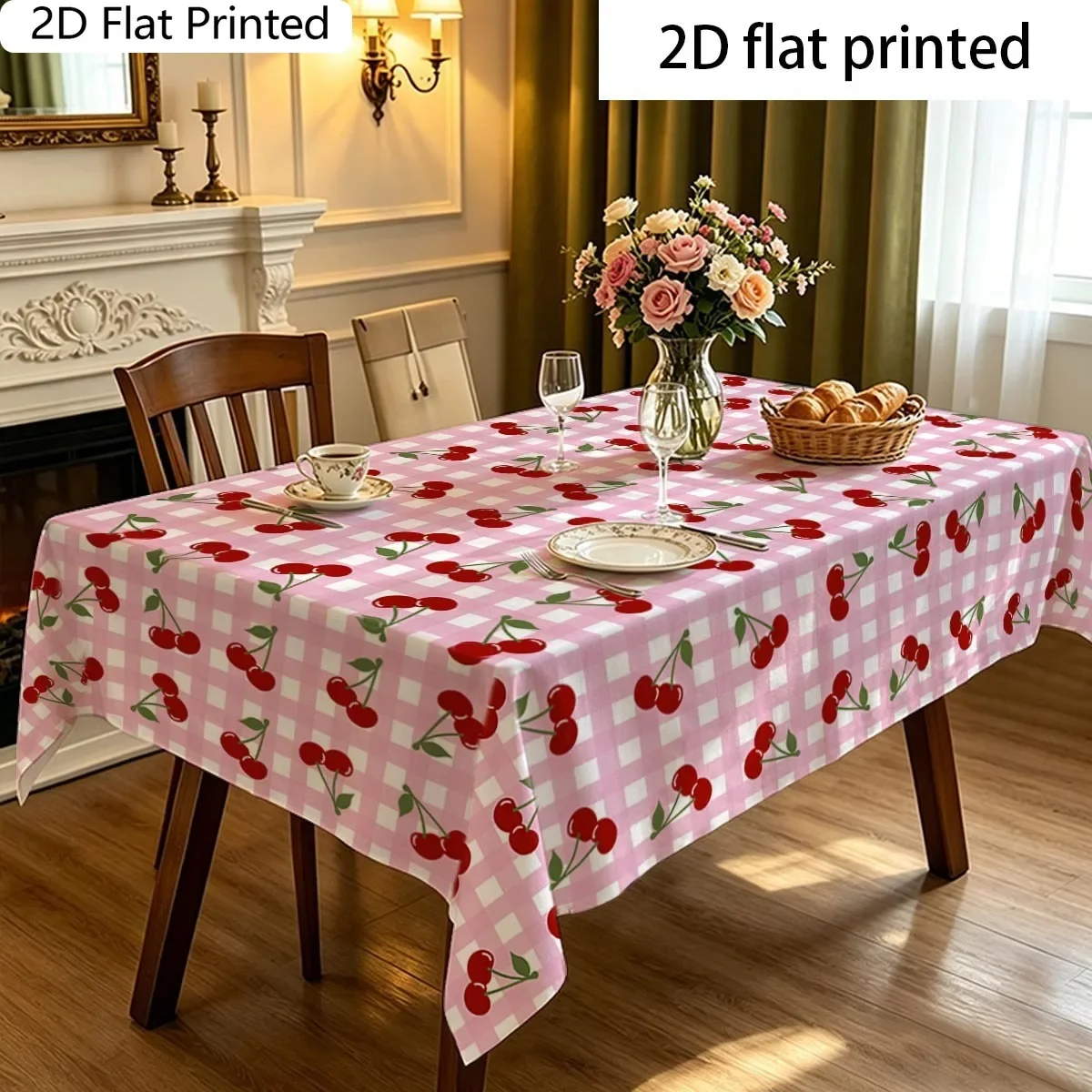 Tablecloth 2D flat, sweet cherry fruit printed tablecloth, polyester fiber, sweet country style, suitable for all seasons.xzj