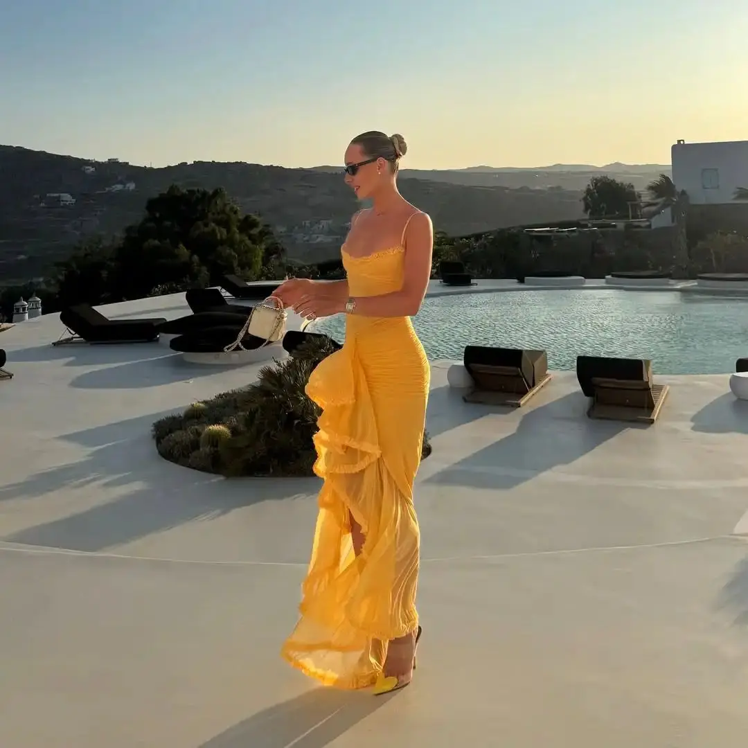 Ofherown شيك الأصفر السباغيتي حزام فستان الحفلة الراقصة المرأة كشكش عالية الشق سليم ثوب مسائي الدانتيل تقليم Ruched فستان حفلة عطلة #5