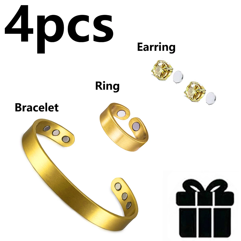Ensemble de bijoux magnétiques en cuivre doré 4 pièces, bracelet, bague et boucles d'oreilles énergétiques thérapeutiques, bijoux magnétiques ajustables à manchette ouverte