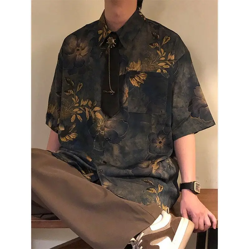 Summer Men Floral Vintage Short Sleeve Shirt With Tie 70s Fashion Casual Retro Business Classic Loose Blouse Clothing Navy Blue