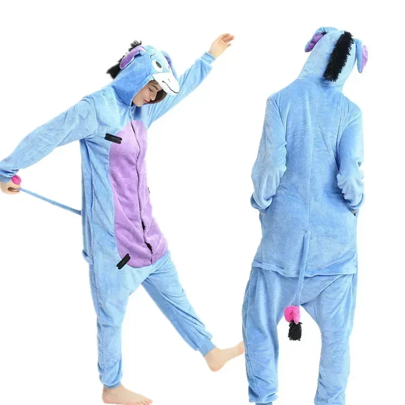 Donkey Animal Bodysuit Adult Pajamas Costume Cartoon Women's Long Sleeved Hooded Fleece Pyjamas Homewear One Piece Jumpsuity