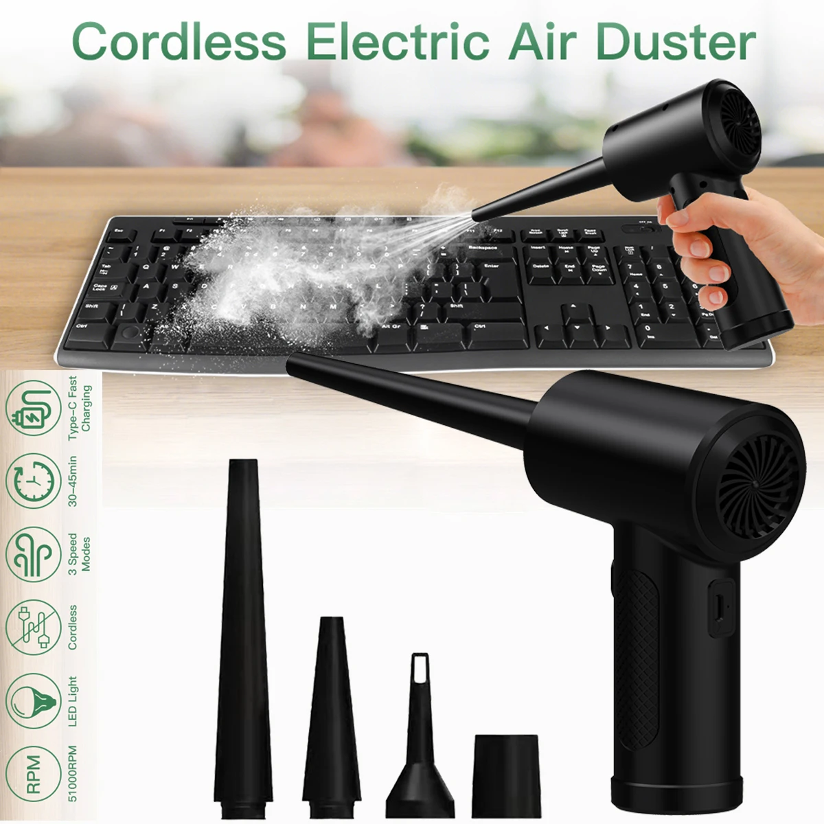 Compressed Air Duster For Computer Keyboard 51000 RPM USB Charging Mini Electric Cordless PC Car Cleaner Wireless Air Blower