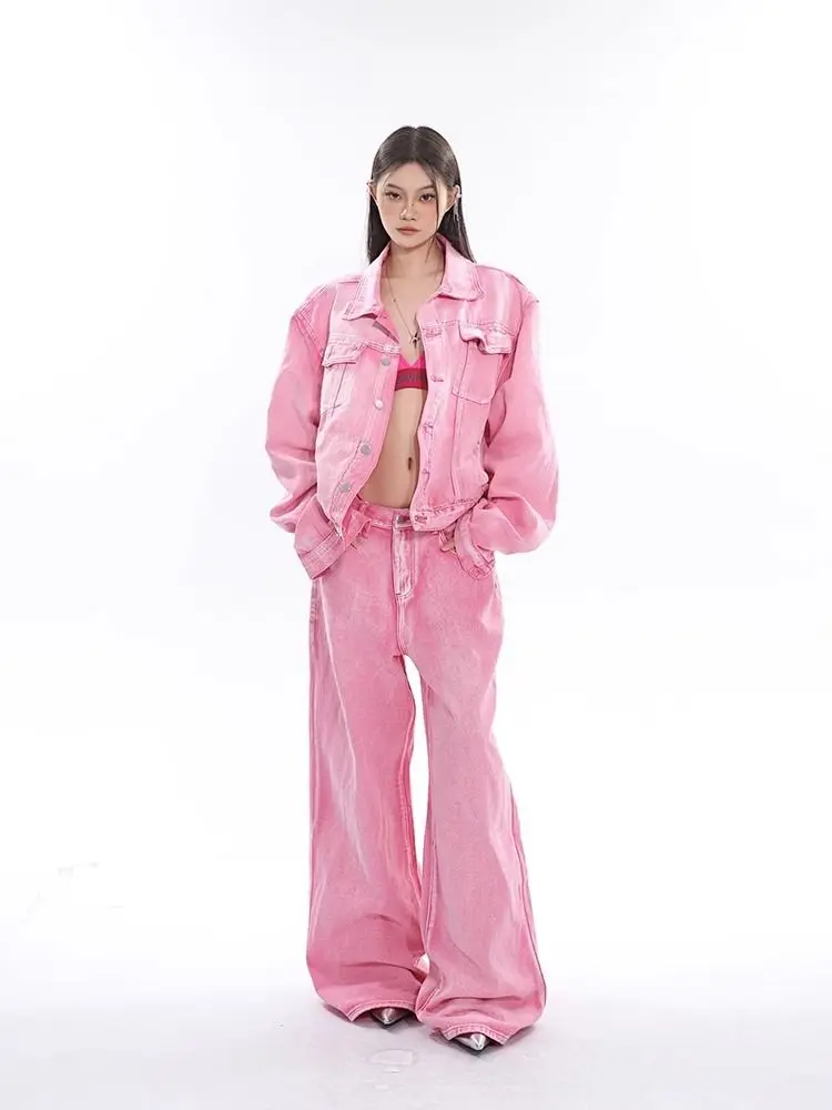 Unisex Personalized Trendy Pink Two Piece Wide Leg Pants Silhouette Denim Jacket With High Streetwear Wide Leg Jeans Pants