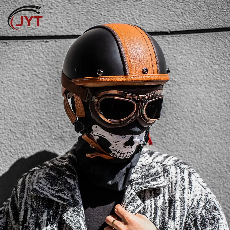 DOT Approved Half Face Helmet Low Profile Motorcycle Helmets Leather Vintage Motorbike Helmets Men Women Unisex Scooter Cruiser