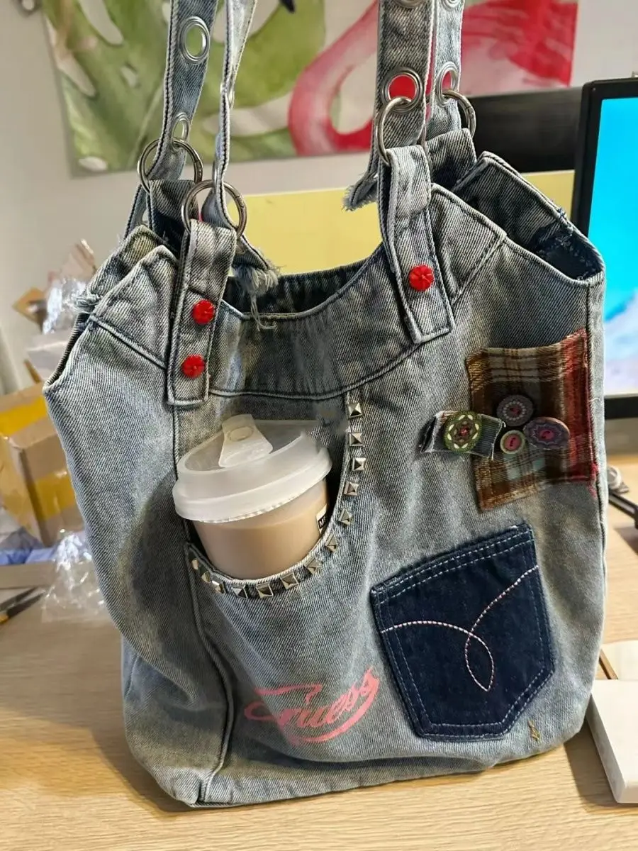 JIAERDI Harajuku Denim Tote Bag Women Hot Girls Pocket Chic Large Capacity Casual Handbag Female Vintage Y2k Handbag Aesthetic