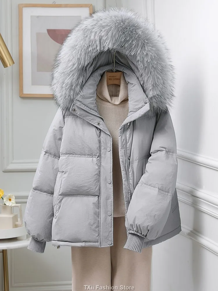 TXii 2023 Winter Women Natural Raccoon Fur White Duck Down Coat Female Hooded Warm Puffer Jacket Loose Parkas Snow Outwear