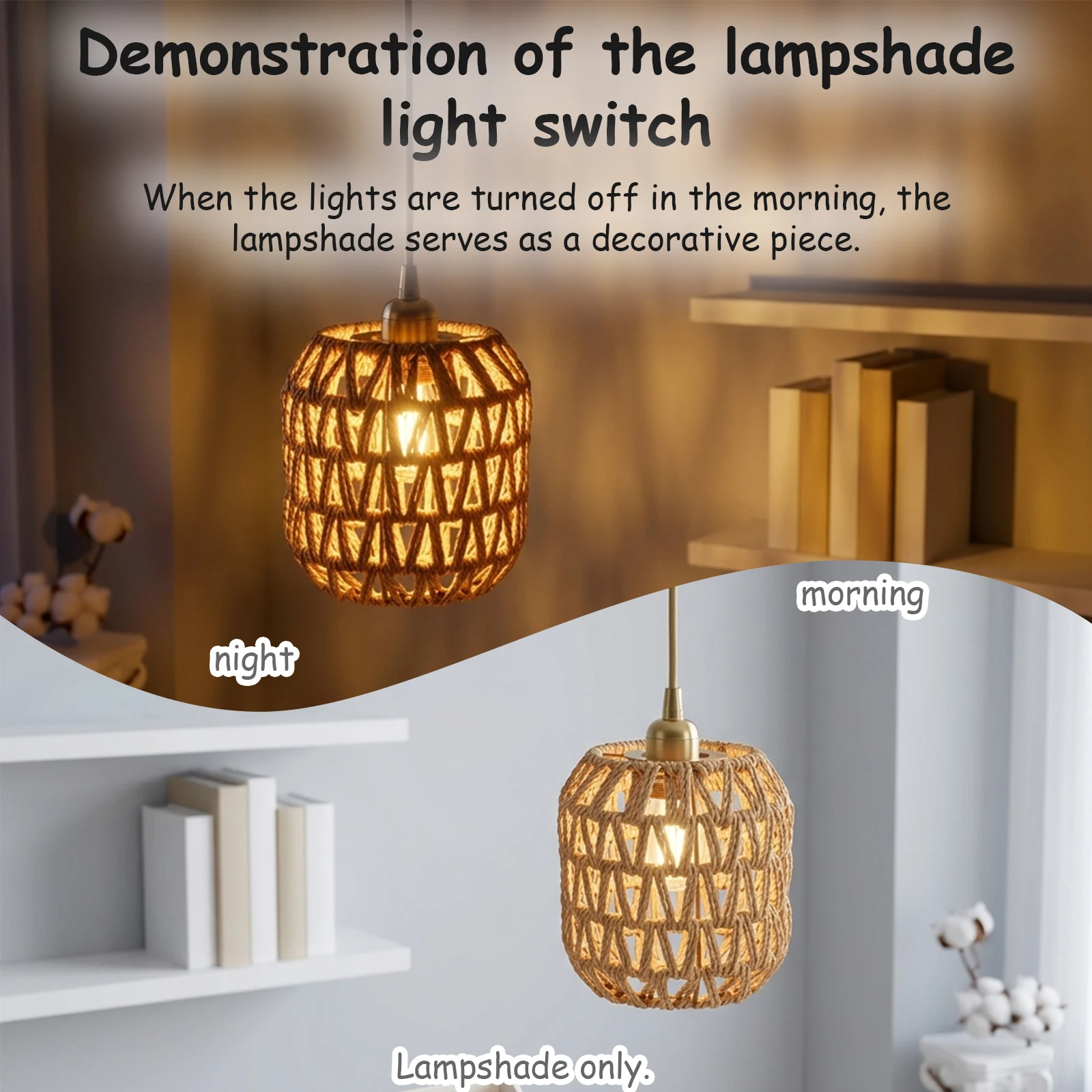 Geometric Hand‑Woven Rope Lamp Shade, Boho Replacement Lampshade for Pendant Light Wall Sconce Desk Lamp, Rustic Home Decor Only