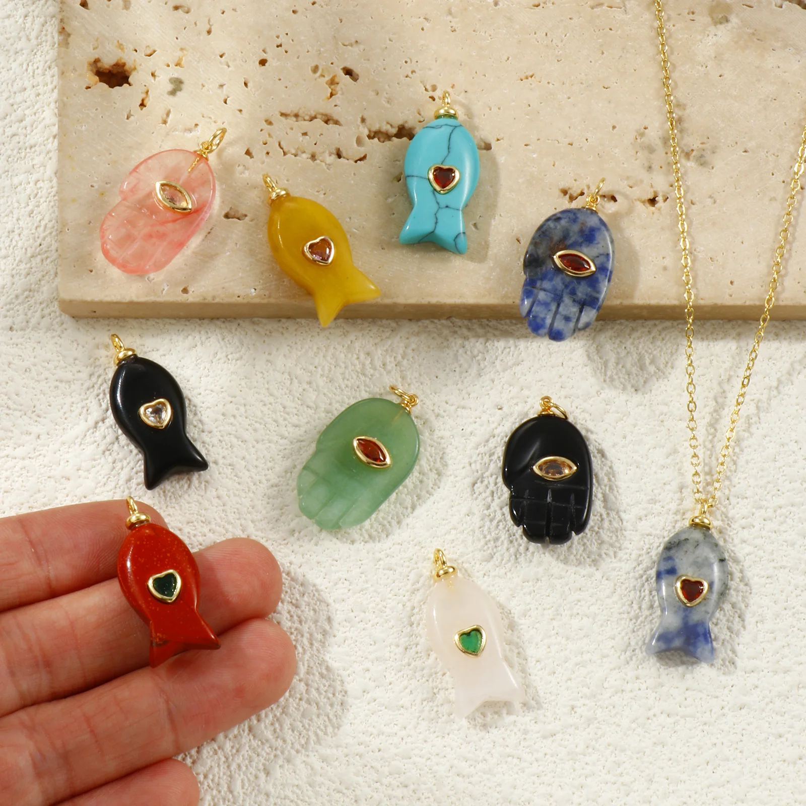 8Seasons Creative Colorful Fish Gemstone Charms For Jewelry Making 18K Brass Cubic Zirconia Hand Style Pendant DIY Findings,1PC