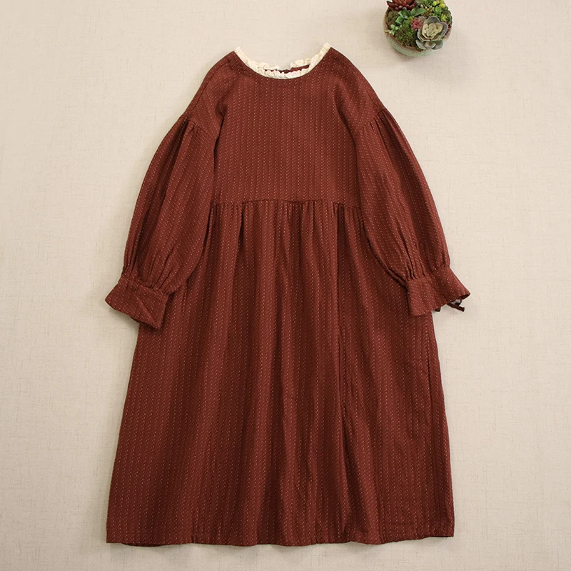 Autumn New Sweet Mori Girl Solid Color Cotton Dress Women O-Neck Long Sleeves Casual Loose Plus Size Midi Dresses