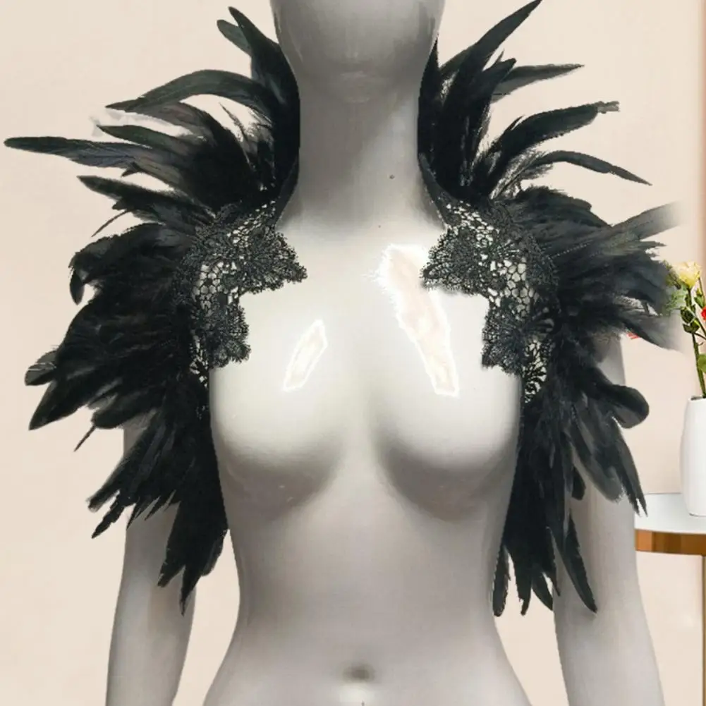 Xale de penas estilo gótico imitação de penas vazadas renda gola falsa cor brilhante fita ajustável xale para cosplay