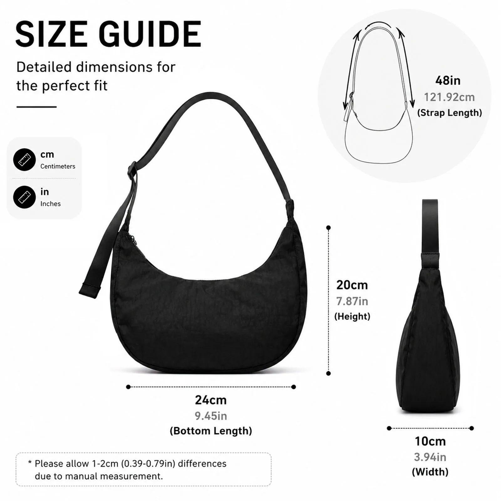 Mittlere Nylon-Halbmondtasche, Nylon-Halbmond-Umhängetasche für Damen und Herren, Crossbody-Tasche mit verstellbarem Riemen und doppelter Innentasche mit Reißverschluss – Detail 2