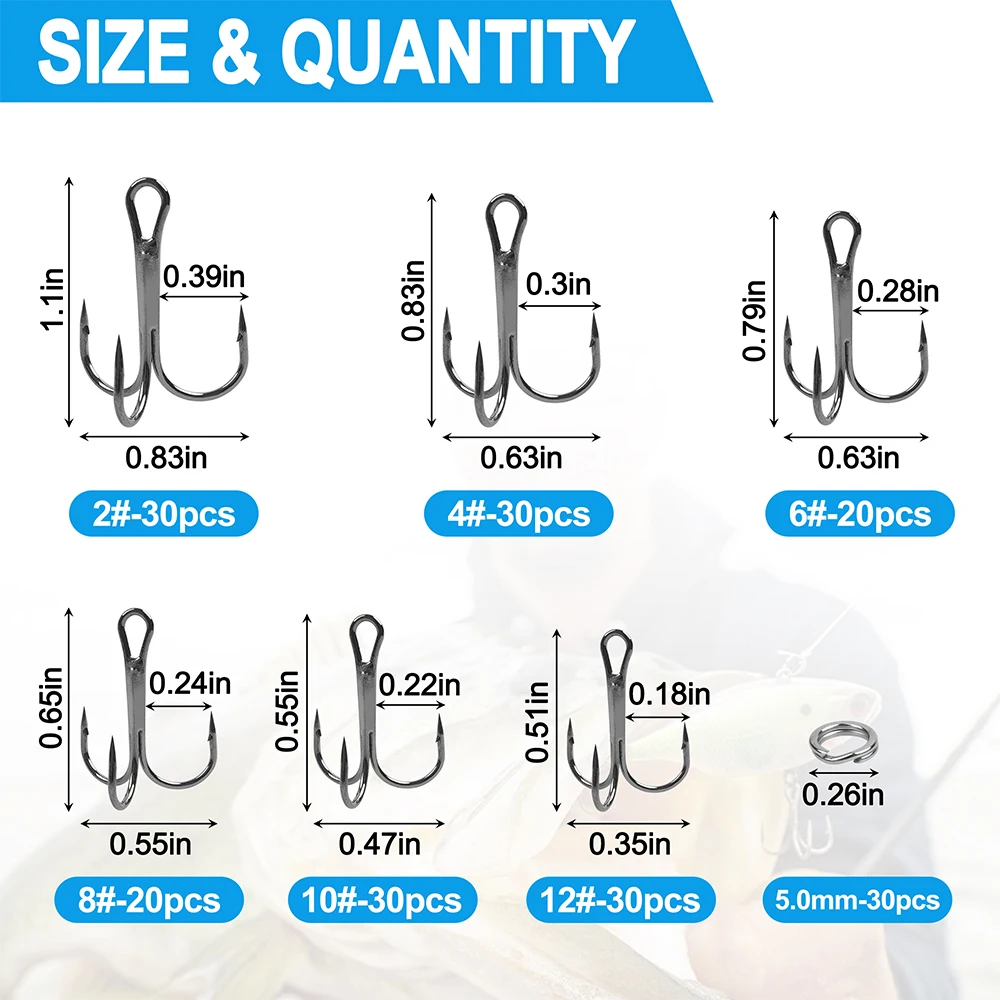 190Pcs Fishing Treble Hooks Kit High Carbon Steel Treble Fishing Hooks with Stainless Steel Double Split Rings Lure Connectors