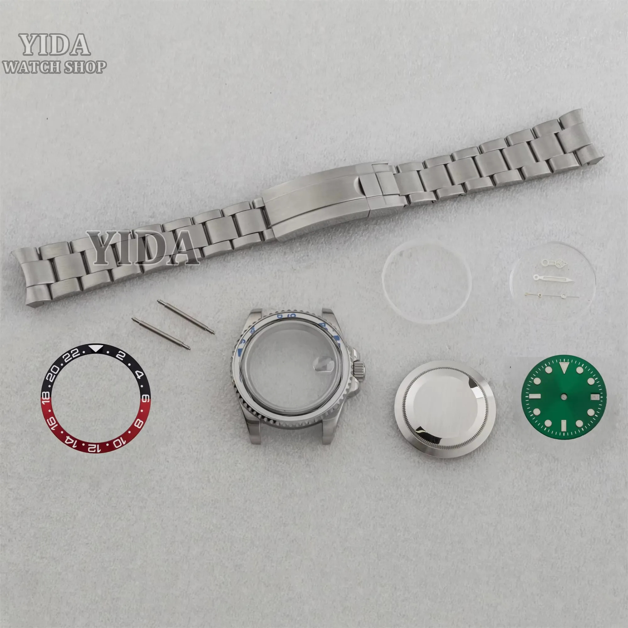 

40mm NH35 Watch Case Silver Stainless Steel Band Sapphire Crystal 28.5mm Dial Hands Solid Back For SUB GMT NH36 Movement Parts