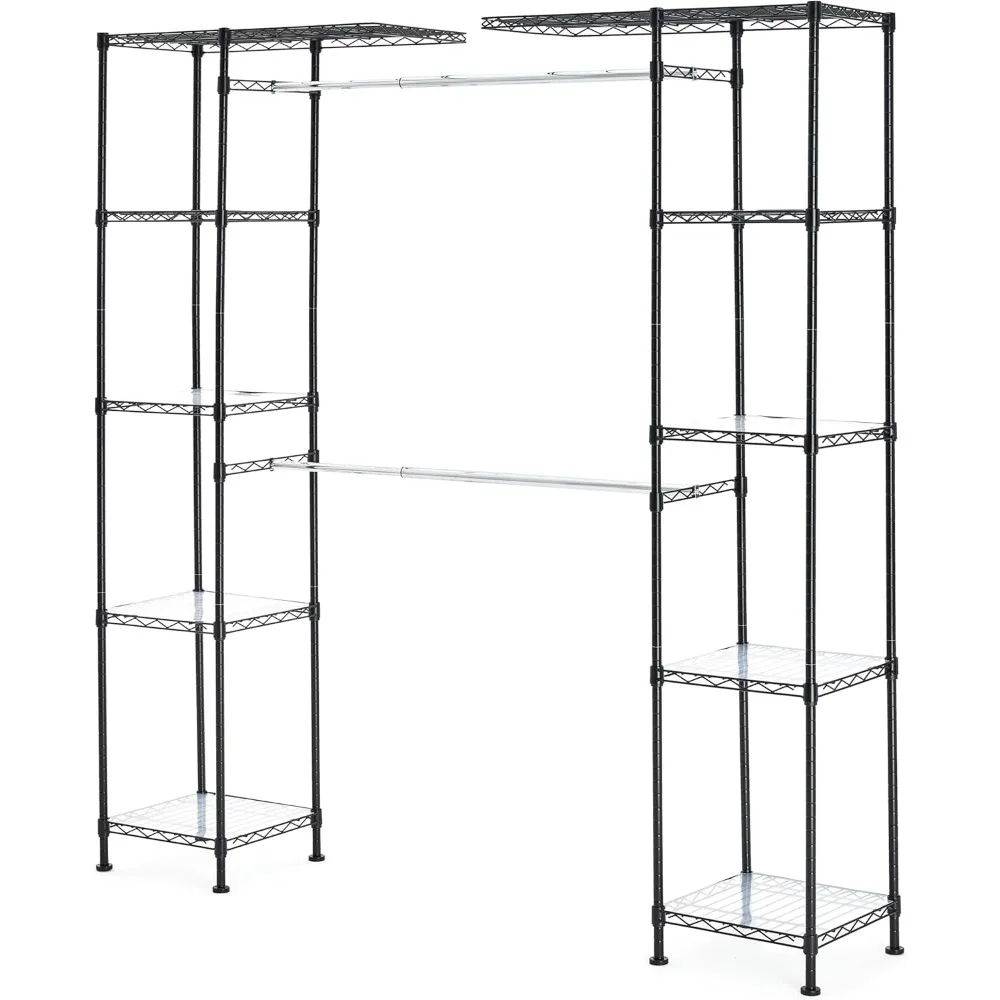 Adjustable Expandable Metal Hanging Closet Storage Organizer Rack with Shelves, 57-80''L X 14''W X 72''H, Black Closet