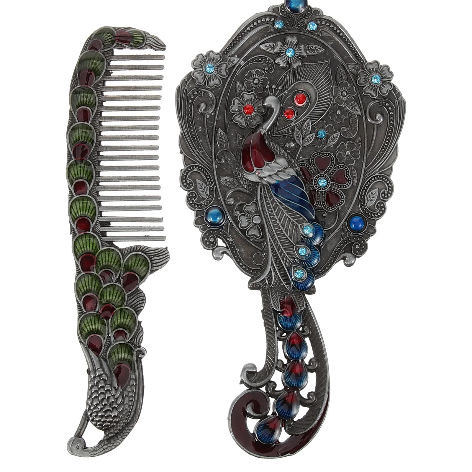 

2Pcs Retro Peacock Makeup Mirror and Comb Set Portable Mini Handheld Vanity Compact Mirror Travel Gift for Girls Women