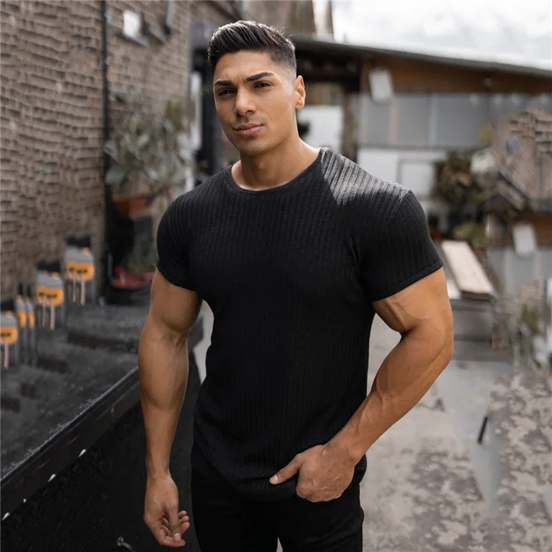 Fashion Knitted T-shirt Men Sports Short Sleeve Tee shirt Slim Fit T Shirt Summer Gym Clothing Fitness Bodybuilding Workout Tops